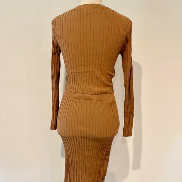Mustard Brown Ribbed Knit Crop Long Sleeve & High waist Pencil Skirt Coords Set - Picture 3 of 7
